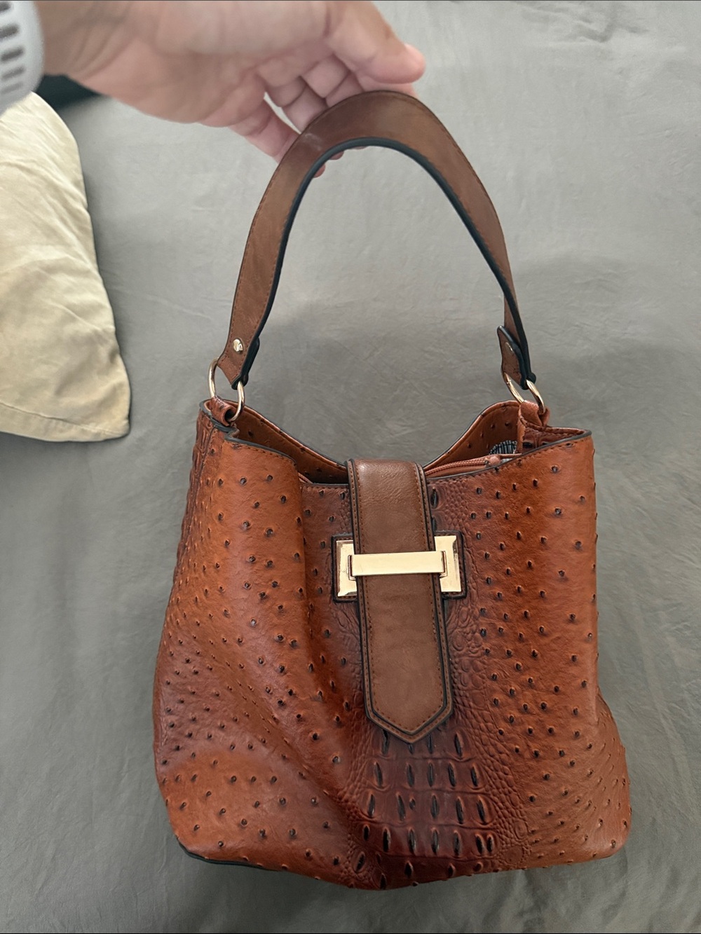 Brown Textured Leather Hobo Bag with Gold Accent